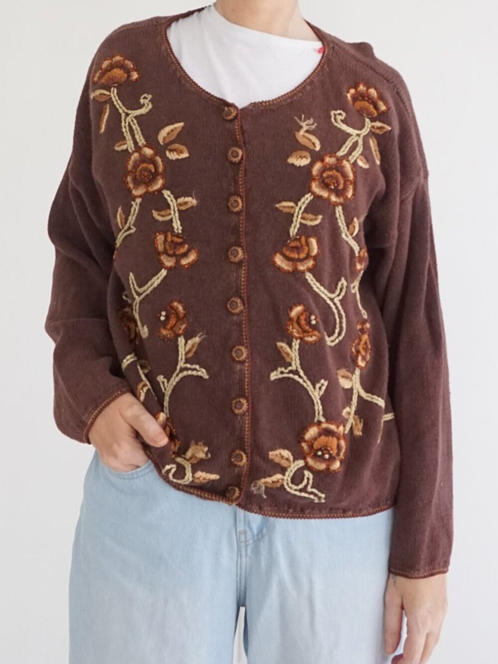 Vintage Fashion Bug Brown Floral Embroidered Button Cardigan Autumn Cottager L
